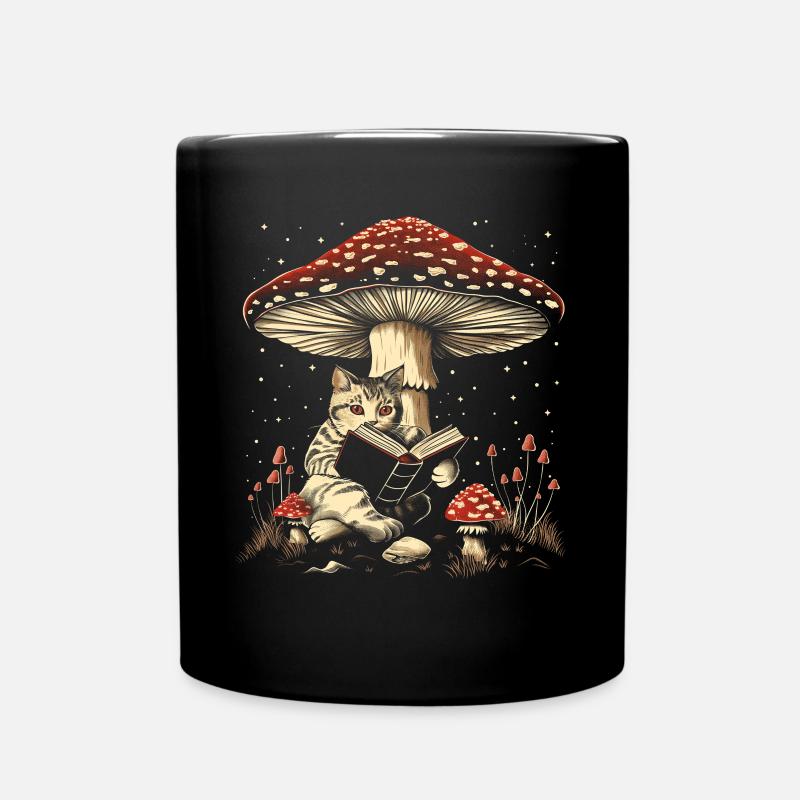 Cottagecore Ästhetische Katze Lesebuch Pilz Witchy - Tasse einfarbig - Schwarz