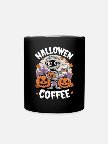 Halloween Mummy with Pumpkins and Coffee - Full Colour Mug - black