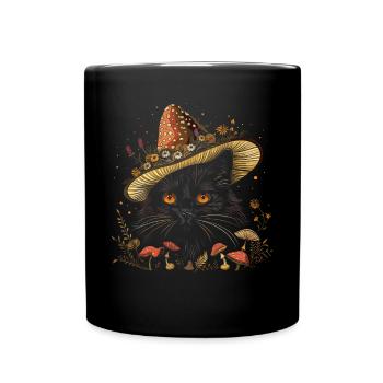 Cottagecore Ästhetische schwarze Katze Pilz Hut Wi - Tasse einfarbig - Schwarz - Vorne