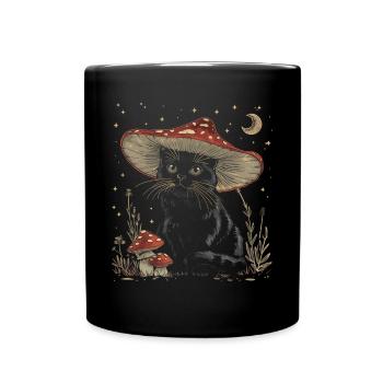 Cottagecore Ästhetische schwarze Katze Pilz Hut Wi - Tasse einfarbig - Schwarz - Vorne