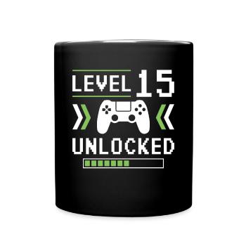 Level 15 Unlocked Completed 15th Gamer Birthday - Full Colour Mug - black - Front