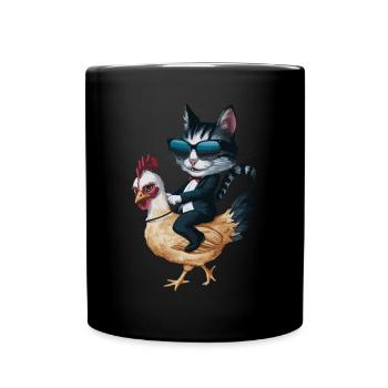 Katze Mit Sonnenbrille Reitet Huhn - Tasse einfarbig - Schwarz - Vorne