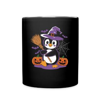 Penguin Halloween Witch with Pumpkins and Broom - Full Colour Mug - black - Front
