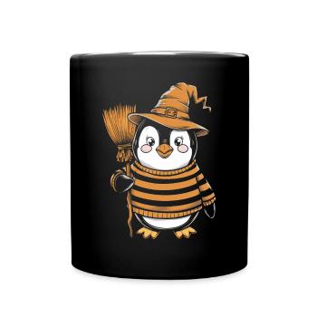 Cute Penguin Halloween Witch with Broom - Full Colour Mug - black - Front
