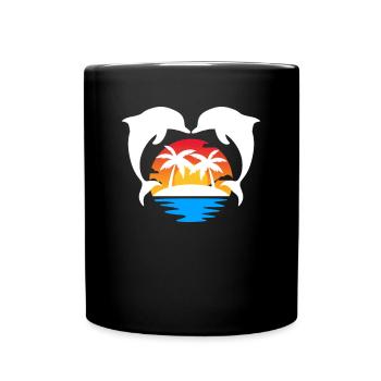 Tropical Island Sunset with Dolphins - Full Colour Mug - black - Front