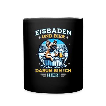 Französische Bulldogge trinkt Bier beim Eisbaden - Tasse einfarbig - Schwarz - Vorne