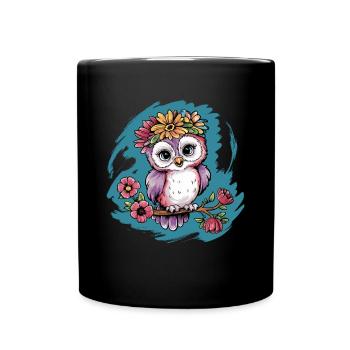 Niedliche Eule Vogel Federn Blumen für einen - Tasse einfarbig - Schwarz - Vorne