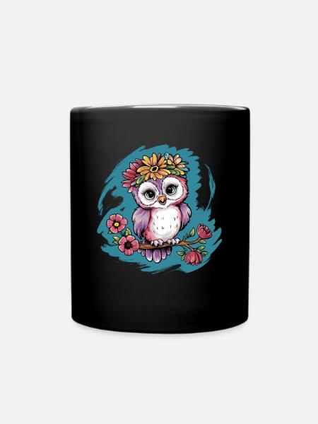 Niedliche Eule Vogel Federn Blumen für einen - Tasse einfarbig - Schwarz