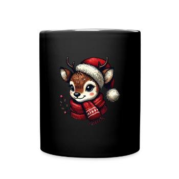 Niedliches Rentier Mit Weihnachtsmütze Und Schal - Tasse einfarbig - Schwarz - Vorne