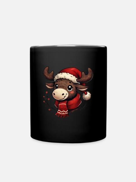 Süßes Rentier Mit Weihnachtsmütze - Tasse einfarbig - Schwarz