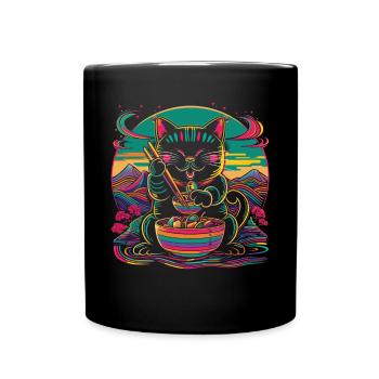Maneki Neko Japanese Cat Happy Ramen Nude - Full Colour Mug - black - Front