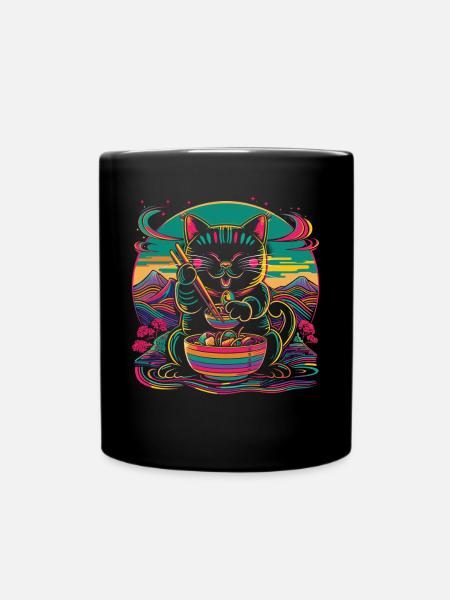 Maneki Neko Japanese Cat Happy Ramen Nude - Full Colour Mug - black