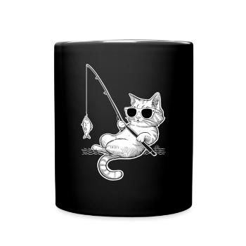 Cat with sunglasses fishing - Full Colour Mug - black - Front