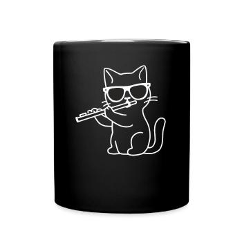 Cat With Sunglasses Playing Flute - Cat Wearing - Full Colour Mug - black - Front