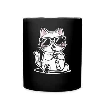 Cat with sunglasses playing flute - Full Colour Mug - black - Front