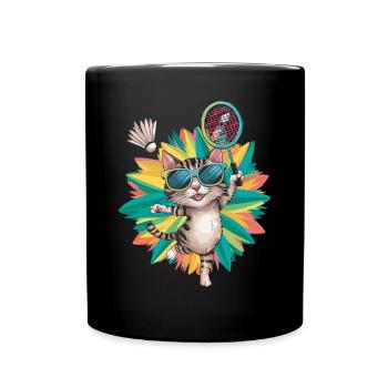 Katze Mit Sonnenbrille Beim Badminton - Tasse einfarbig - Schwarz - Vorne