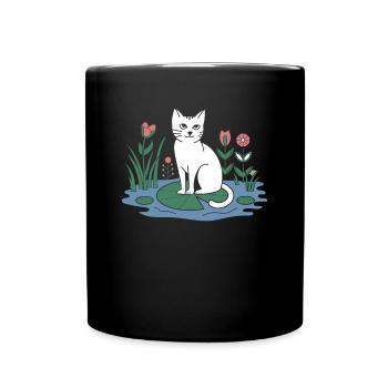 Chat cottagecore sur nénuphar dans le jardin - Mug uni - noir - Devant