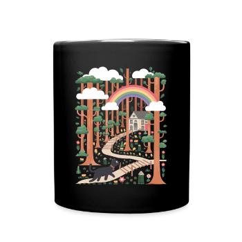 Cottagecore Rainbow House in the Woods with Cat - Full Colour Mug - black - Front