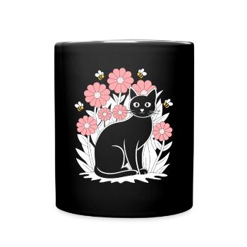 Cottagecore Idylle: Schwarze Katze mit Blumen und - Tasse einfarbig - Schwarz - Vorne