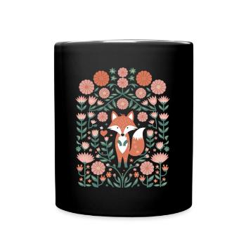Cottagecore Fuchs im Blumenmeer - Tasse einfarbig - Schwarz - Vorne