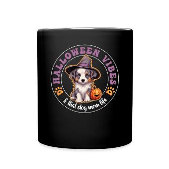 Halloween, chapeau de sorcière, citrouille, chien, berger australien - Mug uni - noir - Devant