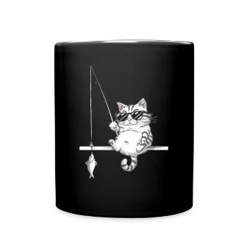 Cat with sunglasses fishing - Full Colour Mug - black - Front