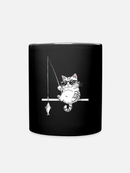 Katze Mit Sonnenbrille Beim Angeln - Tasse einfarbig - Schwarz