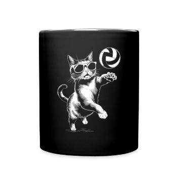 Katze Mit Sonnenbrille Spielt Volleyball - Tasse einfarbig - Schwarz - Vorne