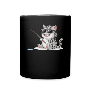 Cat fishing with sunglasses - Full Colour Mug - black - Front