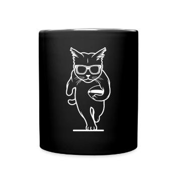 Cat wearing sunglasses and running with football - Full Colour Mug - black - Front