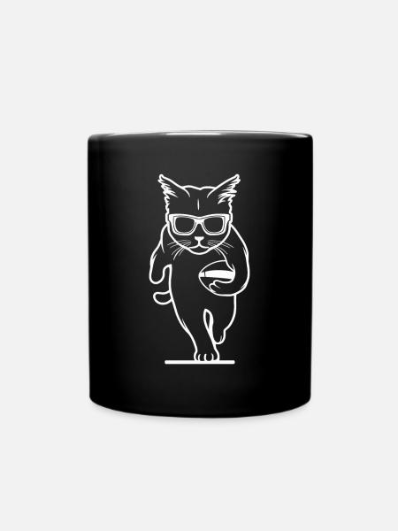 Cat wearing sunglasses and running with football - Full Colour Mug - black