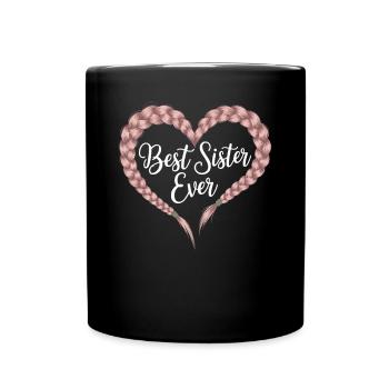 Beste Schwester Best Sister Ever Herz Zopfmuster - Tasse einfarbig - Schwarz - Vorne
