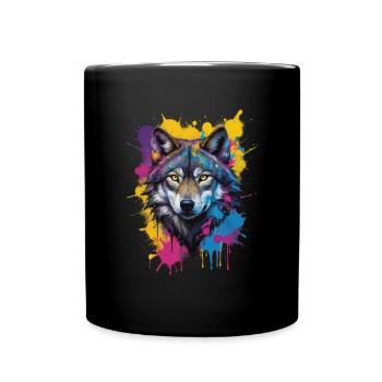 Farbiger Wolfskopf Aquarell Kunstwerk - Tasse einfarbig - Schwarz - Vorne