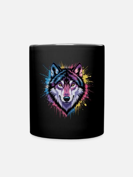 Farbenfroher Wolf Kunstwerk - Tasse einfarbig - Schwarz