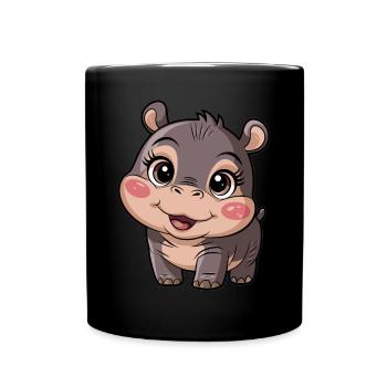 Niedlicher Moo Deng Hippo mit großen Augen - Tasse einfarbig - Schwarz - Vorne