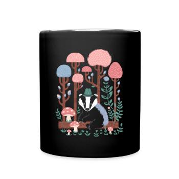 Cottagecore Waldlandschaft mit Dachs und Pilzen - Tasse einfarbig - Schwarz - Vorne