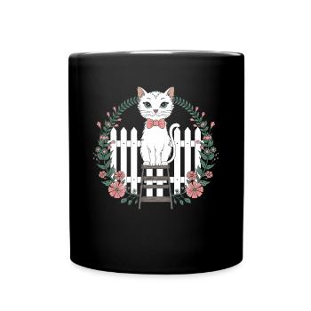 Chat cottagecore avec fleurs et clôture - Mug uni - noir - Devant