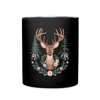 Cottagecore elegance with deer and floral wreath - Full Colour Mug - black - Front