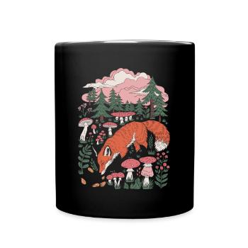 Renard cottagecore dans la forêt avec des champignons et des arbres - Mug uni - noir - Devant