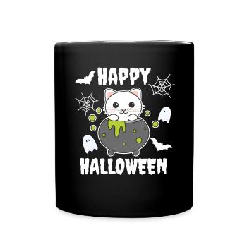 Cat Happy Halloween Witch's Cauldron Bat - Full Colour Mug - black - Front