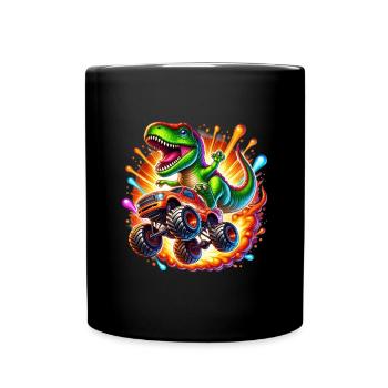 Abenteuerlustiger Dinosaurier Auf Monstertruck - Tasse einfarbig - Schwarz - Vorne