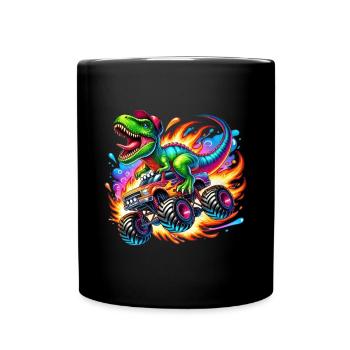 Abenteuerlustiger Dinosaurier Auf Monstertruck - Tasse einfarbig - Schwarz - Vorne