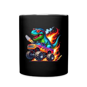 Abenteuerlustiger Dinosaurier Auf Monstertruck - Tasse einfarbig - Schwarz - Vorne