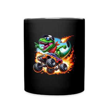 Adventurous dinosaur on monster truck - Full Colour Mug - black - Front