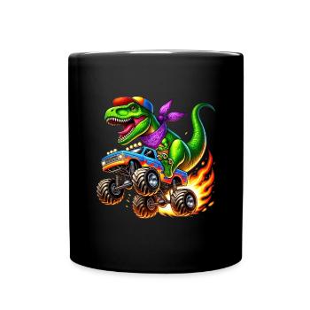 Adventurous dinosaur on monster truck - Full Colour Mug - black - Front