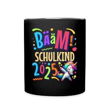 Bääm Schulkind 2025 Einhorn - Tasse einfarbig - Schwarz - Vorne