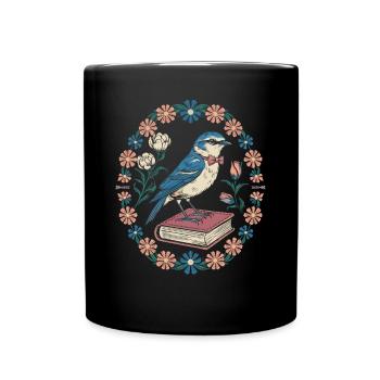 Cottagecore oiseau sur livre avec couronne florale - Mug uni - noir - Devant
