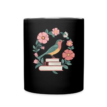 Cottagecore Blumen Vogel Buch Illustration - Tasse einfarbig - Schwarz - Vorne