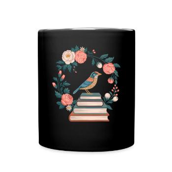 Cottagecore Bird and Flowers Stack of Books - Full Colour Mug - black - Front