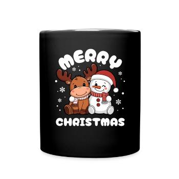 Fröhliche Weihnachten Rentier & Schneemann - Tasse einfarbig - Schwarz - Vorne